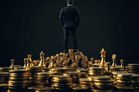 Power and wealth a businessman dominating gold coins amidst chess pieces in a dark settingの写真素材