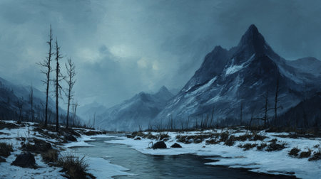 Ominous winter landscape with towering mountains and frozen river under dark overcast skyの写真素材
