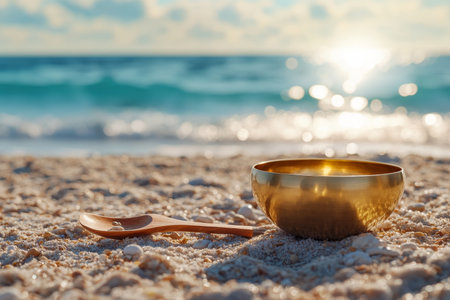 Brass singing bowl and wooden spoon on the beach with sunlight and bokeh for meditation inspirationの写真素材