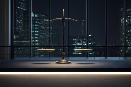 A balanced scale on podium symbolizing law and justice amidst city lights in modern office spaceの写真素材