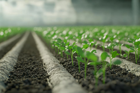 Chickpea seedlings thrive in rows a close up view of soil and farm landscape with depth perspectiveの写真素材