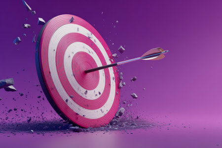 3d vector illustration of a target with an arrow hitting the center on a purple backgroundの写真素材
