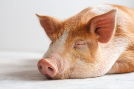 Adorable sleeping pig portrait in soft lighting on white background with space for text
