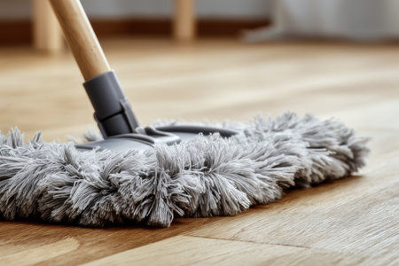 Close up of a fluffy gray and white spinning floor cleaning device on light wooden parquet floorの写真素材