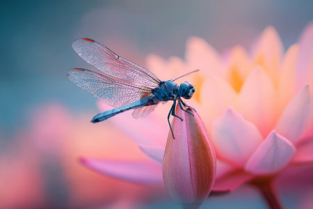 A blue dragonfly on a pink water lily captivating macro photography with soft pastel colorsの写真素材