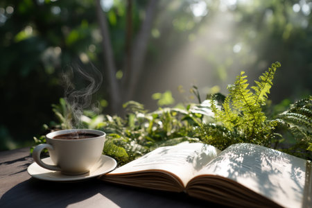 A serene moment coffee and an open book amidst lush greenery and gentle sunlight effectsの写真素材