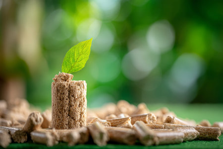 Close up of wooden pellets topped with leaf on green bokeh background, ideal for commercial useの写真素材