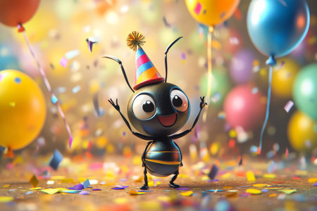 Adorable cartoon ant in a party hat celebrates birthday surrounded by balloons and confettiの写真素材