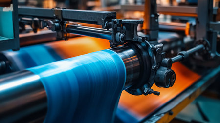Close up of colorful blue and orange paper being printed in a poster printmaking factoryの写真素材