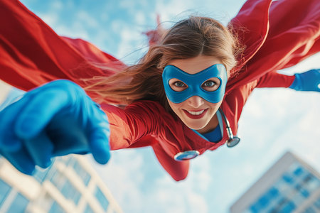 Superhero doctor soars into the sky a dynamic image for health and wellness campaignsの写真素材
