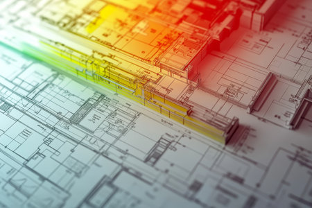 Close up of an energy label with a red to green gradient over detailed house blueprintsの写真素材