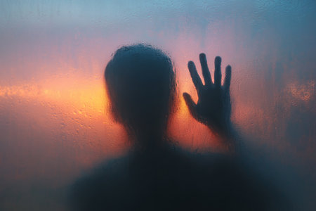 Mysterious silhouette of a man waving on a fogged window at sunset creates eerie atmosphereの写真素材