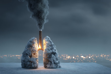 3d representation of snow and ice lungs with a cigarette emitting black smoke against a dark skylineの写真素材