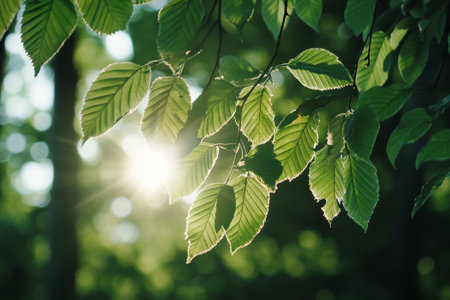 Close up of sunlit beech tree leaves with blurred nature background for seasonal banner designの写真素材