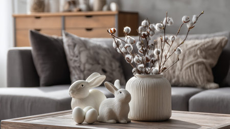 Chic living room featuring easter decor with white ceramic bunnies and eggs on a coffee table