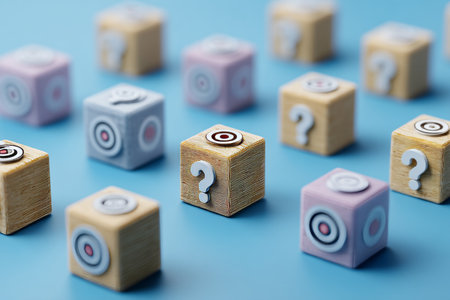 Question mark icon over cubes with target symbols representing business strategy concept on blueの写真素材
