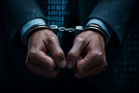 Businessman handcuffed against binary code background a visual concept of data security risks