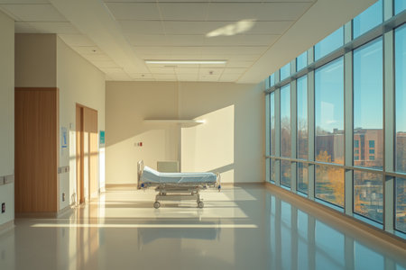 Bright and minimalist hospital room with floor to ceiling windows and central medical bed designの写真素材