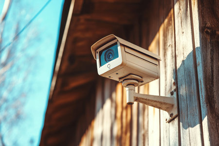 Close up of outdoor cctv camera on a pole in bright natural light