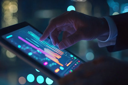 Business professionals analyzing growth trends on a tablet in a modern office setting