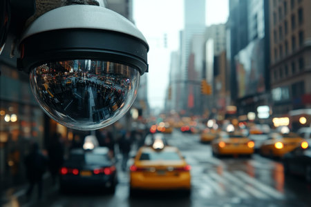 Close up of a high tech security camera overlooking bustling new york city streets and traffic