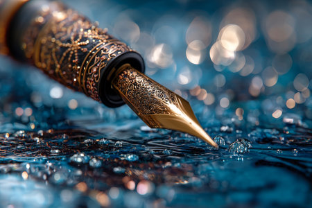 Elegant fountain pen with golden tip on abstract blue background with sparkling bokeh lightsの写真素材
