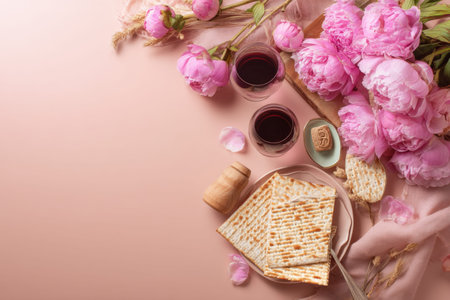 Elegant passover celebration background with pink peonies, wine, and matzah on peach table