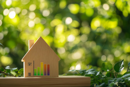Wooden house model with energy efficiency label and rainbow graph in lush spring forest settingの写真素材
