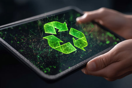 Close up of hand holding tablet with holographic green recycling symbol for eco friendly techの写真素材