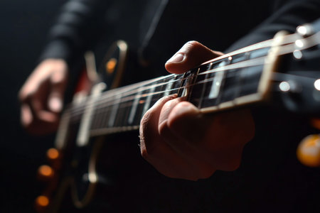 Close up of a hand on electric guitar neck in rock studio, ideal for banner design with copy spaceの写真素材