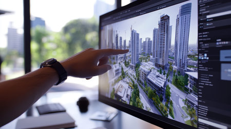 Professional designer showcases modern urban architectural design on computer screen in bright light