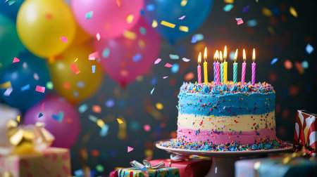 Vibrant birthday cake surrounded by gifts and balloons with falling confetti in a cheerful sceneの写真素材