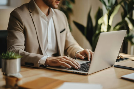 Dynamic double exposure of businessman analyzing data on virtual screen in modern office settingの写真素材