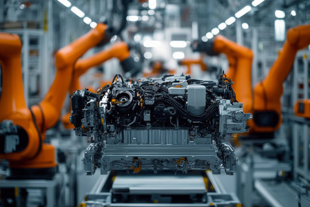 High tech robotic car engine production line transforming raw materials into certified partsの写真素材