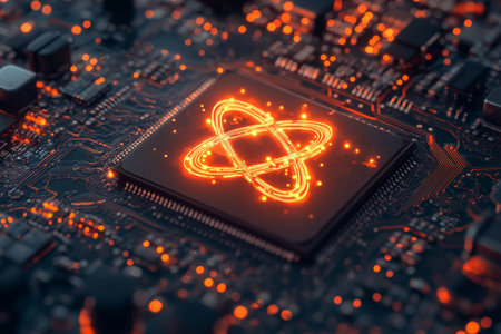 Glowing atomic symbol on a chip a stunning visual of advanced circuit board technologyの写真素材