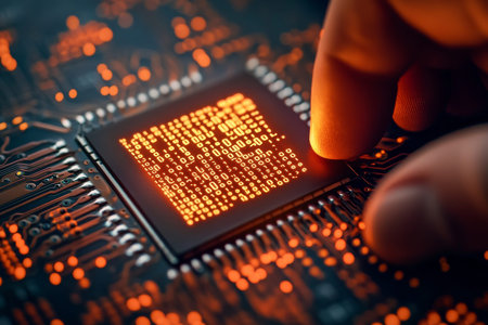 Businessman holding computer chip with binary code in a digital data background ai concept