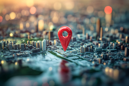 Miniature urban city with red location pin, skyline, greenery, and water elements in natural light