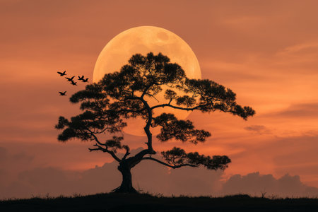 Silhouette of an ancient tree with moon and birds at sunset, featuring expansive spaceの写真素材