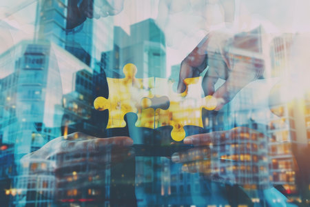 Business team connects puzzle pieces in office, using mobile tech for collaboration and solutions.の写真素材