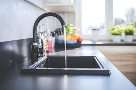 Modern kitchen overhead view featuring gray sink, dark countertop, and black faucet with utensilsの写真素材