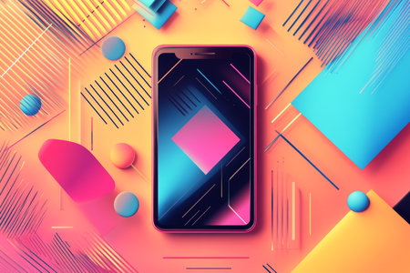 Mobile phone vector illustration with geometric shapes for retro futurism marketing campaignの写真素材