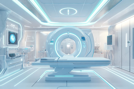 Hyper realistic image of a futuristic medical lab with advanced mri scanner and modern equipmentの写真素材