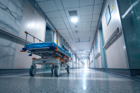 Wide angle view of a contemporary hospital corridor featuring a blue wheeled stretcherの写真素材