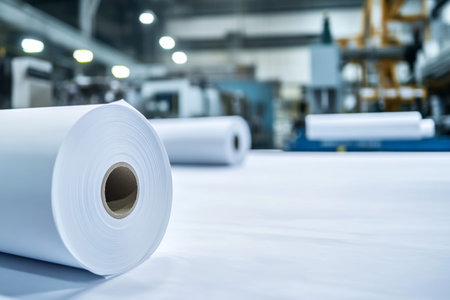 Close up of large white masking paper rolls in a printing factory for decorative blueprints
