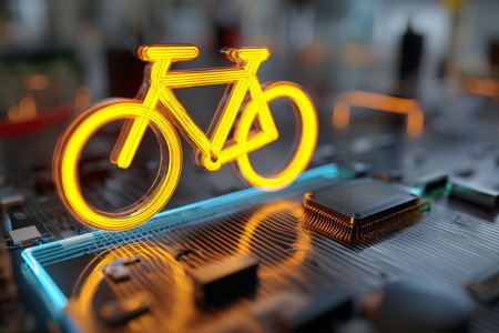 Yellow glowing bicycle icon on circuit board with industrial background and vibrant lighting effectsの写真素材