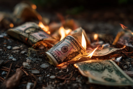 Close up of burning dollar bills on ground a captivating low light photography shotの写真素材