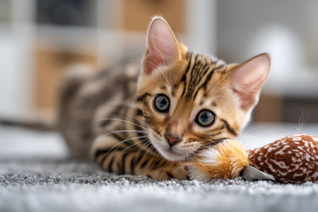 Adorable bengal kitten joyfully playing with plush toy on gray carpet in cozy home settingの写真素材
