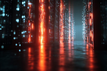 Futuristic digital background of a server room with glowing data and information flow concept