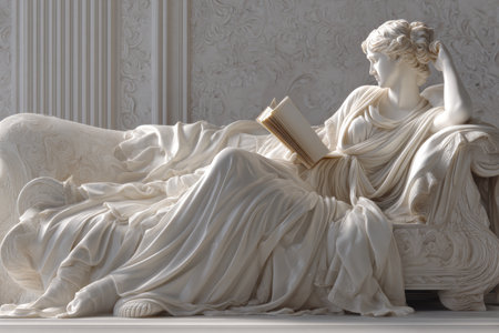 Elegant white marble sculpture of a woman reading on a sofa with flowing draperies and soft lightingの写真素材