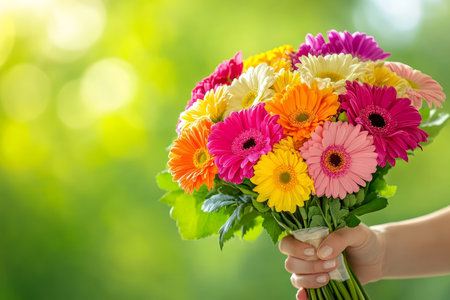 Vibrant bouquet of flowers held by woman against green bokeh background for spring or summer designsの写真素材